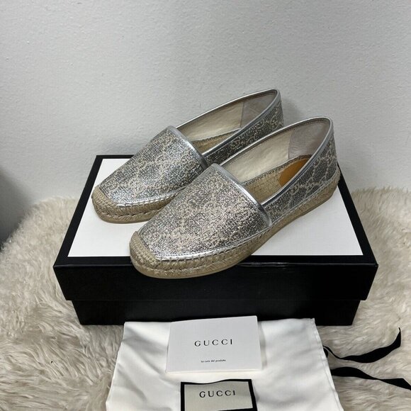 Gucci Espadrilles Heritage Logo Monogram Marmont GG Lame Silver Flat 38.5/39 - Picture 4 of 10